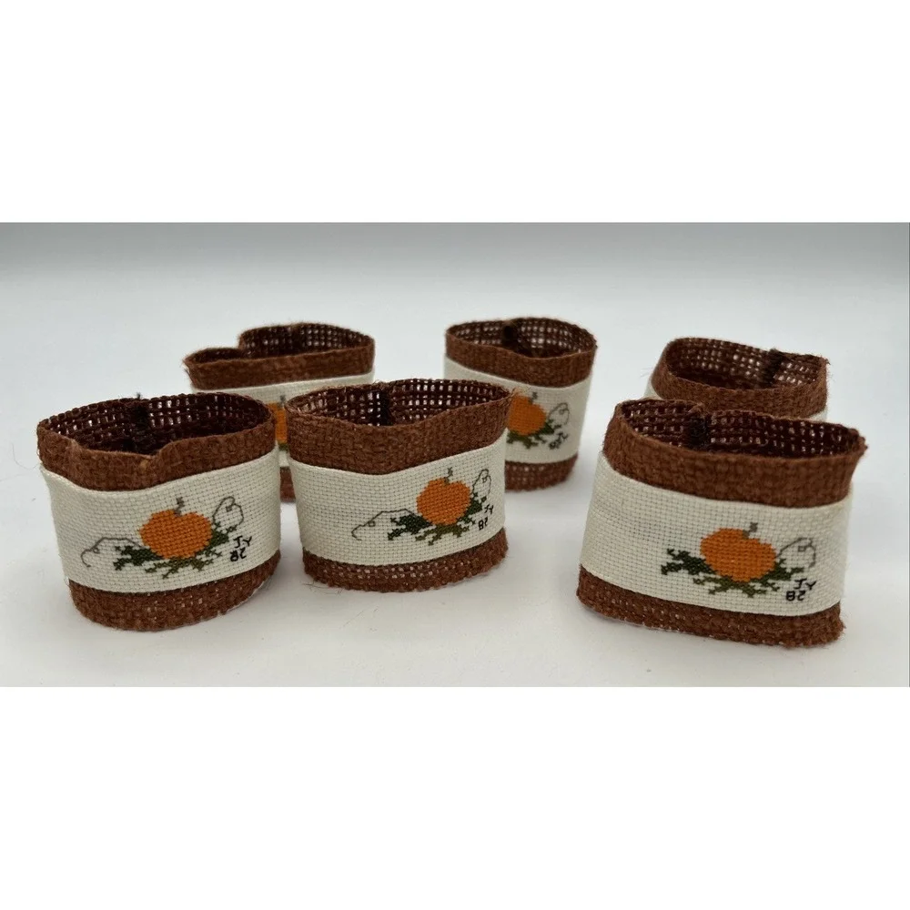 Set Of 6 Handmade Hand Cross Stitched Napkin Rings Fall Pumpkin Harvest
